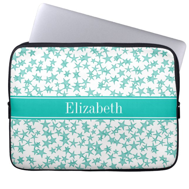 Aqua Turquoise Stars White BG, Blauwgroen naam Mon Laptop Sleeve (Voorkant)