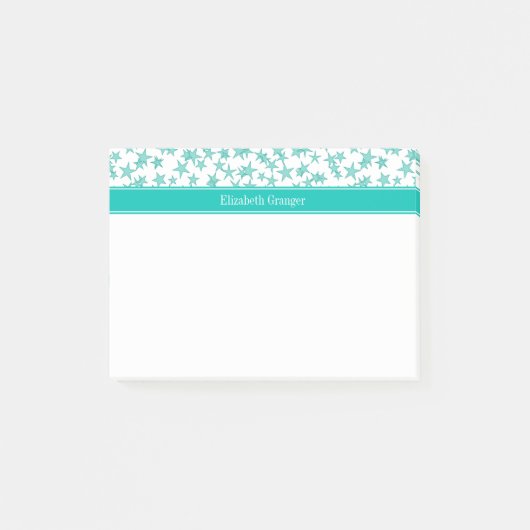 Aqua Turquoise Stars White BG, Blauwgroen naam Mon Post-it® Notes (Voorkant)