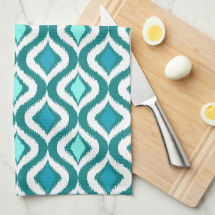 Aqua Turquoise Teal Blauw Groen Ikat Kunstpatroon Theedoek