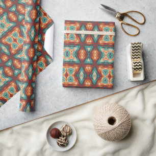 Aqua Turquoise Teal Blauw Oranje Rood Mozaïek Kuns Cadeaupapier