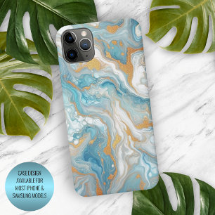 Aqua Turquoise Teal Blauwe Witte Gouden Marmeren P iPhone 15 Pro Max Case
