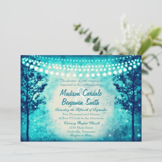 Aqua Turquoise Trees String Lights Wedding Invites Kaart (Staand voorkant)