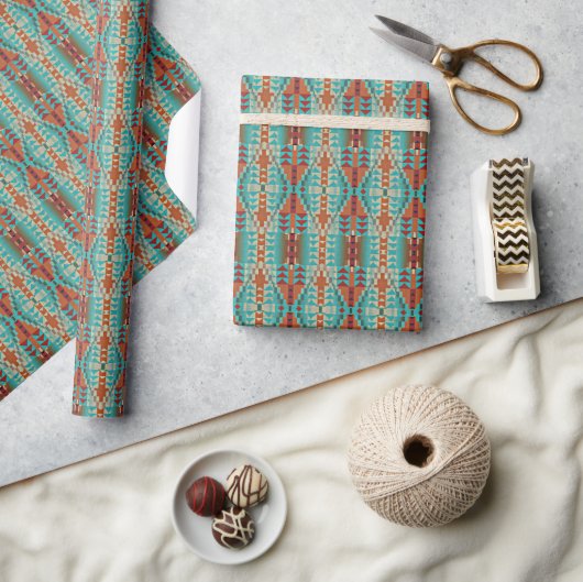 Aqua Turquoise Verbrand Oranje Taupe Bruin Mozaïek Cadeaupapier (Crafts)