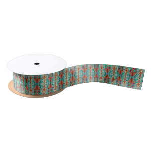 Aqua Turquoise Verbrand Oranje Taupe Bruin Mozaïek Satijnen Lint