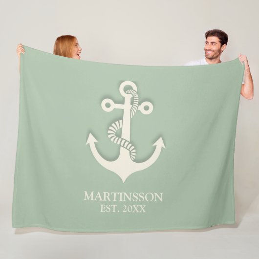 Aqua Turquoise White Anchor Name Date Nautical Fleece Deken (In situ)