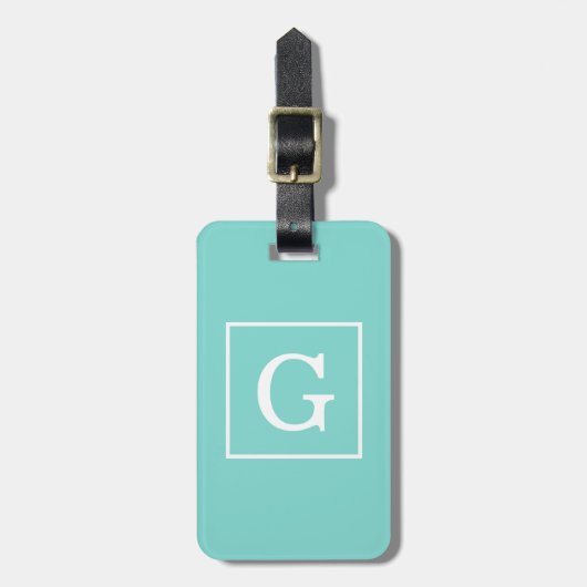 Aqua Turquoise White Framed Initiaal Monogram Bagagelabel (Voorkant verticaal)