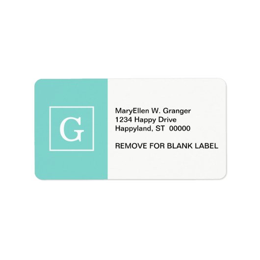 Aqua Turquoise White Framed Initiaal Monogram Etiket (Voorkant)