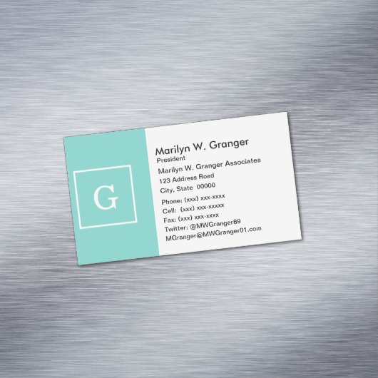 Aqua Turquoise White Framed Initiaal Monogram Magnetisch Visitekaartje (Voorbeeld)