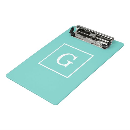 Aqua Turquoise White Framed Initiaal Monogram Mini Klembord (Angled3)