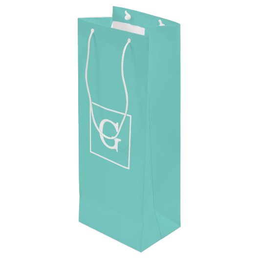 Aqua Turquoise White Framed Initiaal Monogram Wijn Cadeautas (Achterkant Gekanteld)