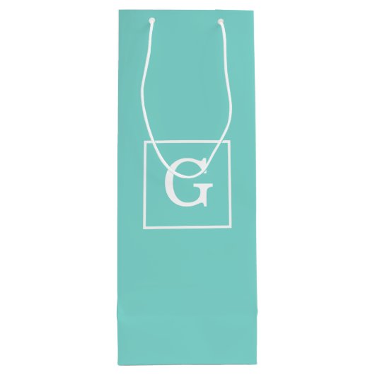 Aqua Turquoise White Framed Initiaal Monogram Wijn Cadeautas (Achterkant)