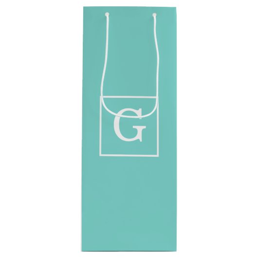 Aqua Turquoise White Framed Initiaal Monogram Wijn Cadeautas (Voorkant)