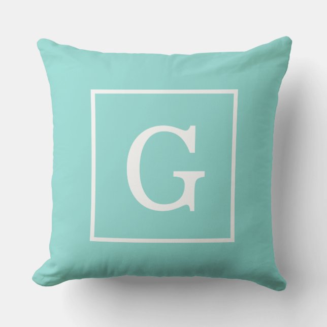 Aqua Turquoise Witte Omlijst Initiaal Monogram Buitenkussen (Voorkant)