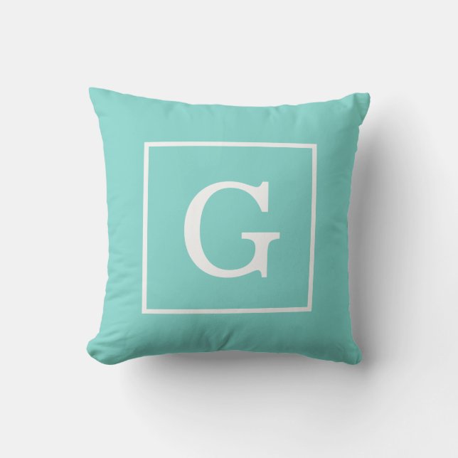 Aqua Turquoise Witte Omlijst Initiaal Monogram Kussen (Voorkant)