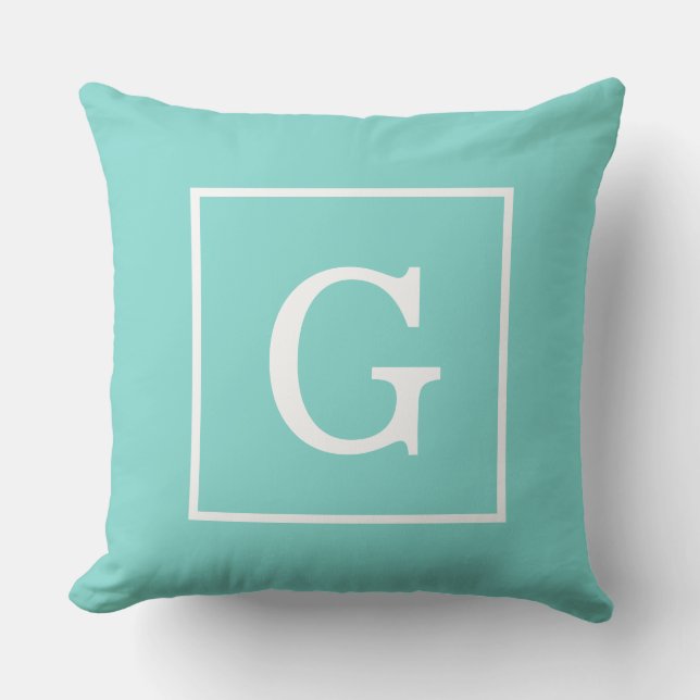 Aqua Turquoise Witte Omlijst Initiaal Monogram Kussen (Voorkant)