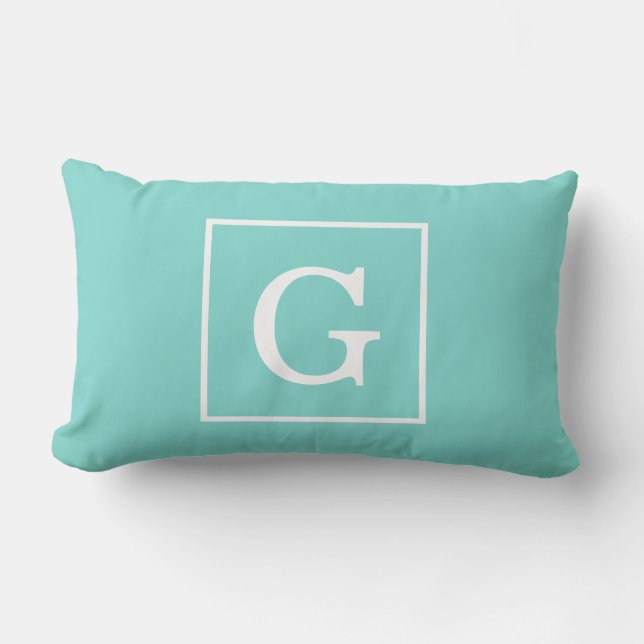 Aqua Turquoise Witte Omlijst Initiaal Monogram Kussen (Voorkant)