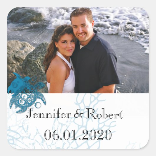 Aqua Turtle Liefde Bruiloft Vierkante Sticker (Voorkant)