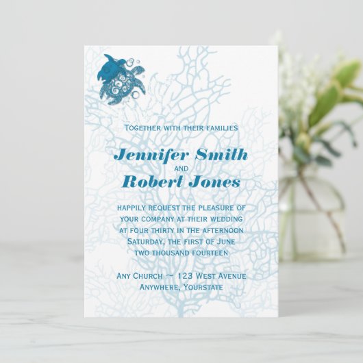 Aqua Turtle Love bruiloft uitnodiging (Staand voorkant)