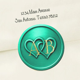 Aqua Two Hearts Verstrengelde Monogram Trouw Ronde Sticker
