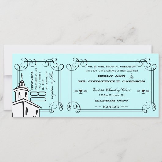Aqua Typografie Quote Chapel Ticket Wedding Kaart (Voorkant)