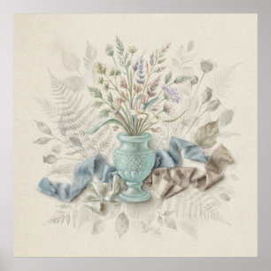 Aqua Vaas Wilde Bloemen Blauwe Zijde Botanische Po Poster