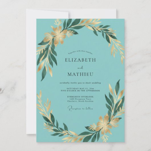 Aqua Vergulde Blad Eucalyptus Bruiloft Kaart (Voorkant)