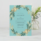 Aqua Vergulde Blad Eucalyptus Bruiloft Kaart (Staand voorkant)