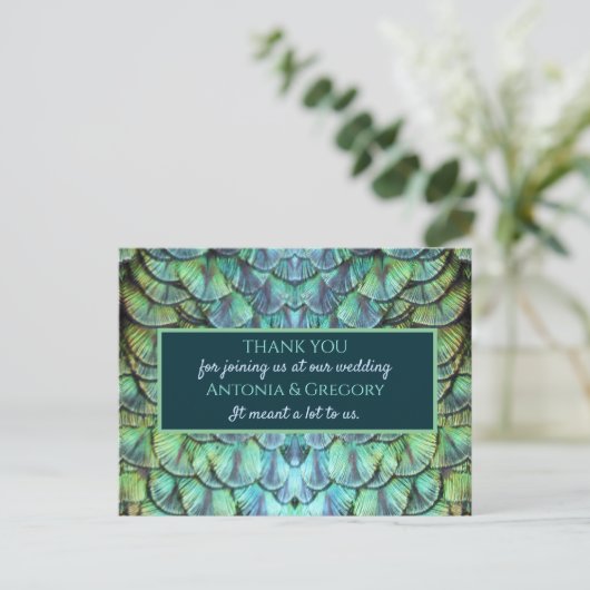 Aqua Vibrant Pauw bruiloft Dank u Briefkaart (Staand voorkant)