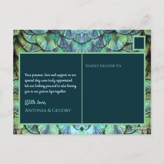 Aqua Vibrant Pauw bruiloft Dank u Briefkaart (Achterkant)