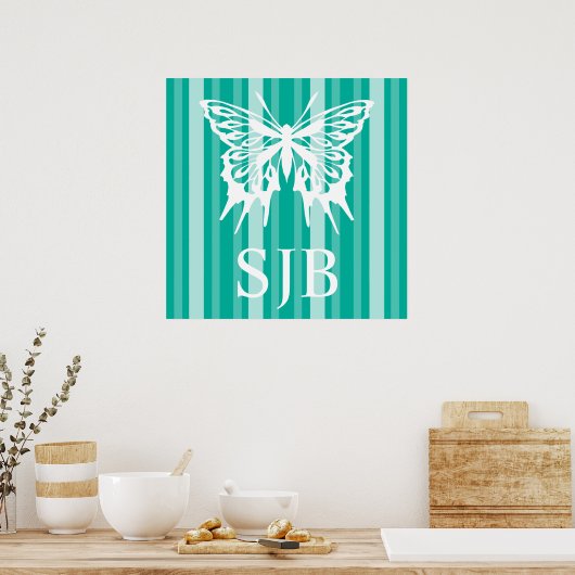 Aqua Victoriaans Lady Stripe met Butterfly Poster (Keuken)