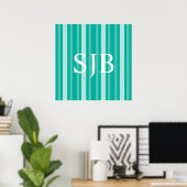 Aqua Victoriaans Lady Stripe met Monogram Poster (Thuiskantoor)