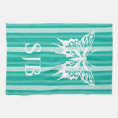 Aqua Victoriaans Stripe met Butterfly Monogram Theedoek (Horizontaal)