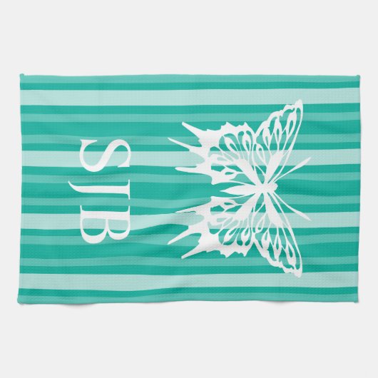 Aqua Victoriaans Stripe met Butterfly Monogram Theedoek (Horizontaal)