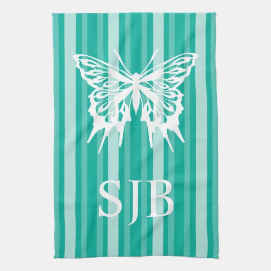 Aqua Victoriaans Stripe met Butterfly Monogram Theedoek (Verticaal)