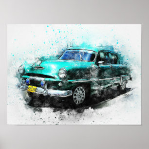 Aqua Vintage Car 1950s 16 x 12 inch Poster