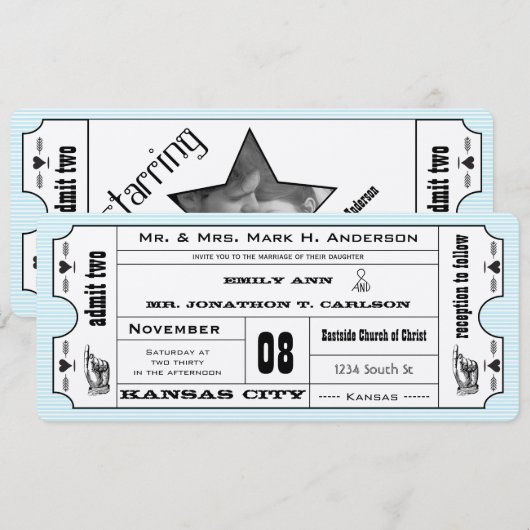 Aqua Vintage Moderne Typografie Ticket Bruiloft Kaart (Voorkant / Achterkant)