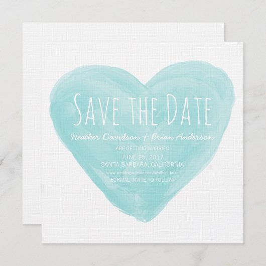 Aqua Watercolor Hart Save the Date Uitnodiging (Voorkant / Achterkant)