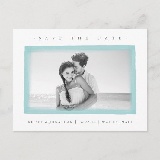 Aqua Waterverf Border | De foto bewaart de Datum Aankondigingskaart (Voorkant)