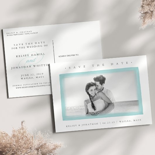 Aqua Waterverf Border | De foto bewaart de Datum Aankondigingskaart