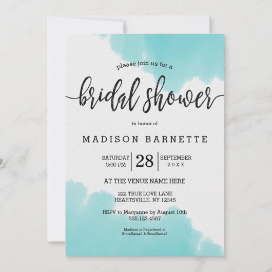 Aqua Waterverf Borstel Bruidsdouche Uitnodiging (Voorkant)