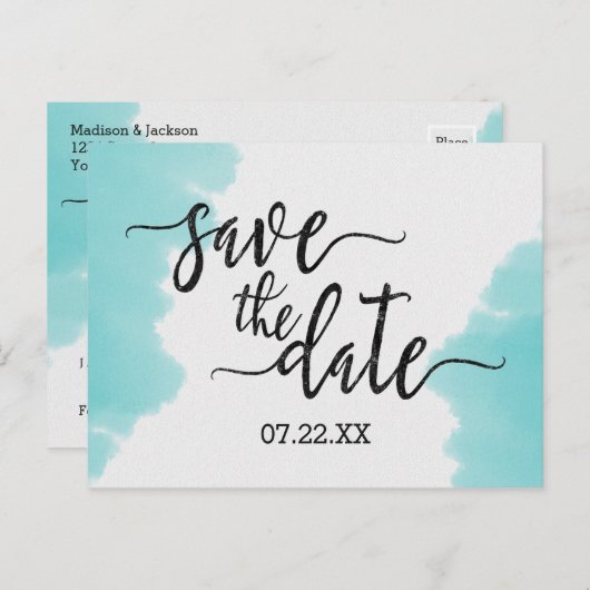 Aqua Waterverf Brush Stroke Bruiloft Save the Date Aankondigingskaart (Voorkant / Achterkant)