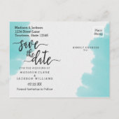 Aqua Waterverf Brush Stroke Bruiloft Save the Date Aankondigingskaart (Achterkant)