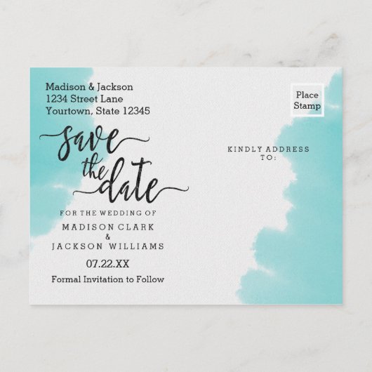 Aqua Waterverf Brush Stroke Bruiloft Save the Date Aankondigingskaart (Achterkant)