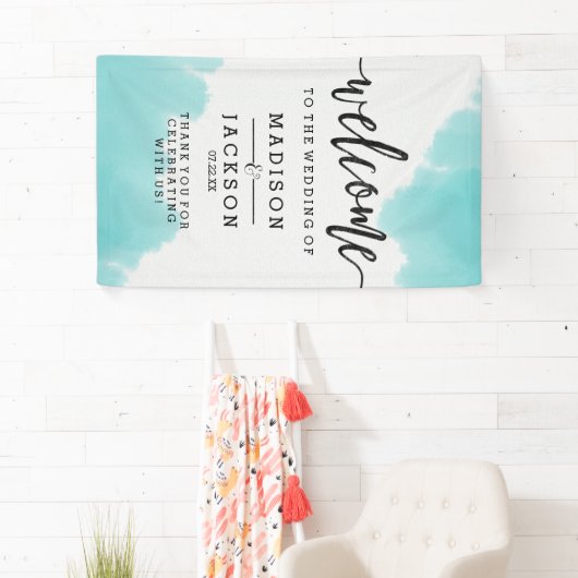 Aqua Waterverf Brush Strokes Bruiloft Welkom Spandoek (Insitu)