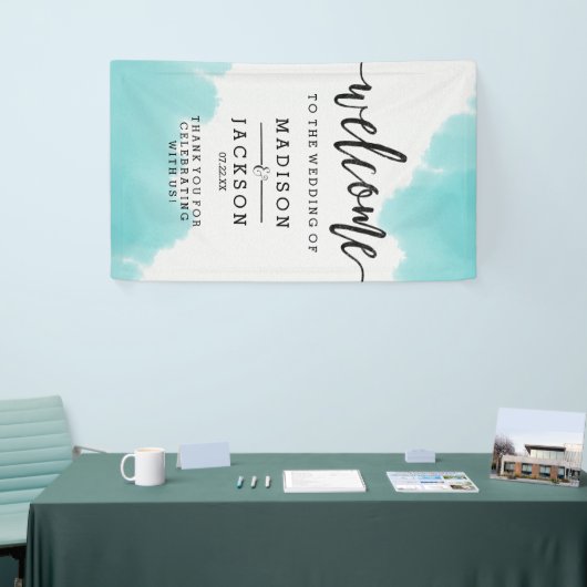 Aqua Waterverf Brush Strokes Bruiloft Welkom Spandoek (Beurs)