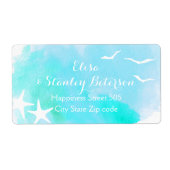 Aqua waterverf en strandbruiloft etiket (Voorkant)