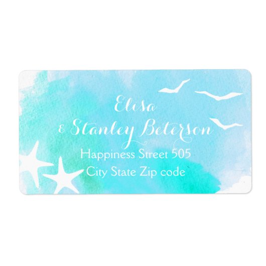 Aqua waterverf en strandbruiloft etiket (Voorkant)