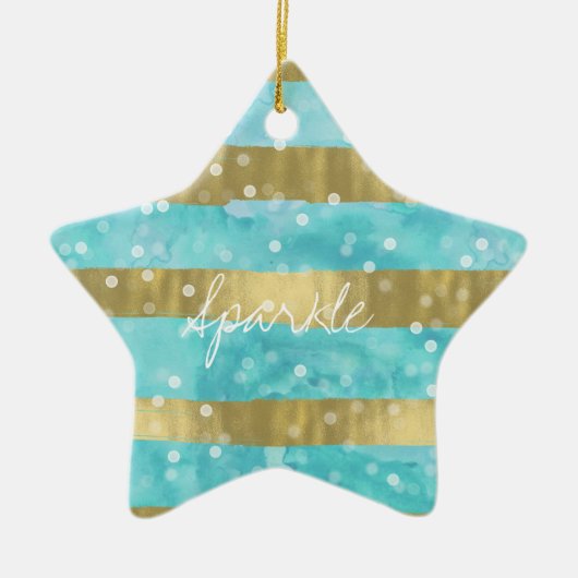 Aqua Waterverf Gouden Strepen Bokeh Sparkle Keramisch Ornament (Voorkant)