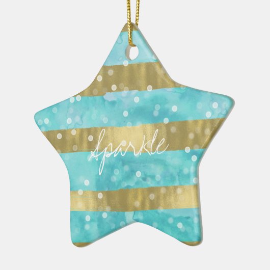 Aqua Waterverf Gouden Strepen Bokeh Sparkle Keramisch Ornament (Links)