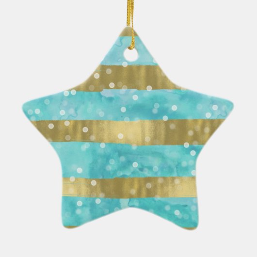 Aqua Waterverf Gouden Strepen Bokeh Sparkle Keramisch Ornament (Achterkant)
